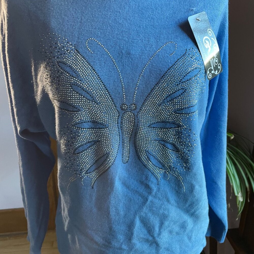 NWT Y2K Rhinestone Butterfly Top Blue Viscose Knit Long Sleeve Coquette Mallcore - Picture 2 of 8